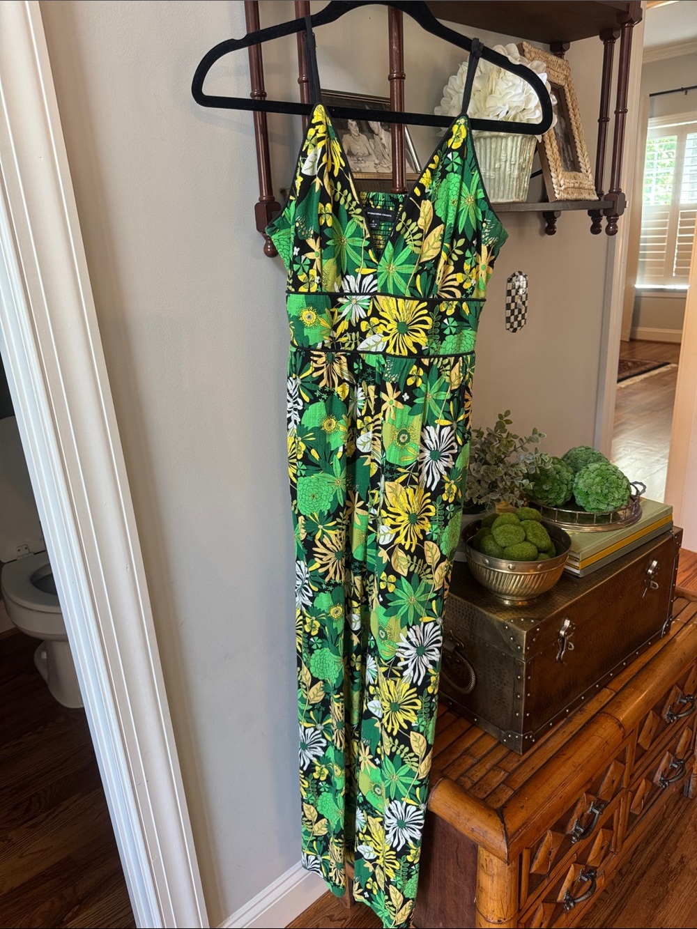 INC International Concepts Green, Yellow & Black Floral V-Neck Dress